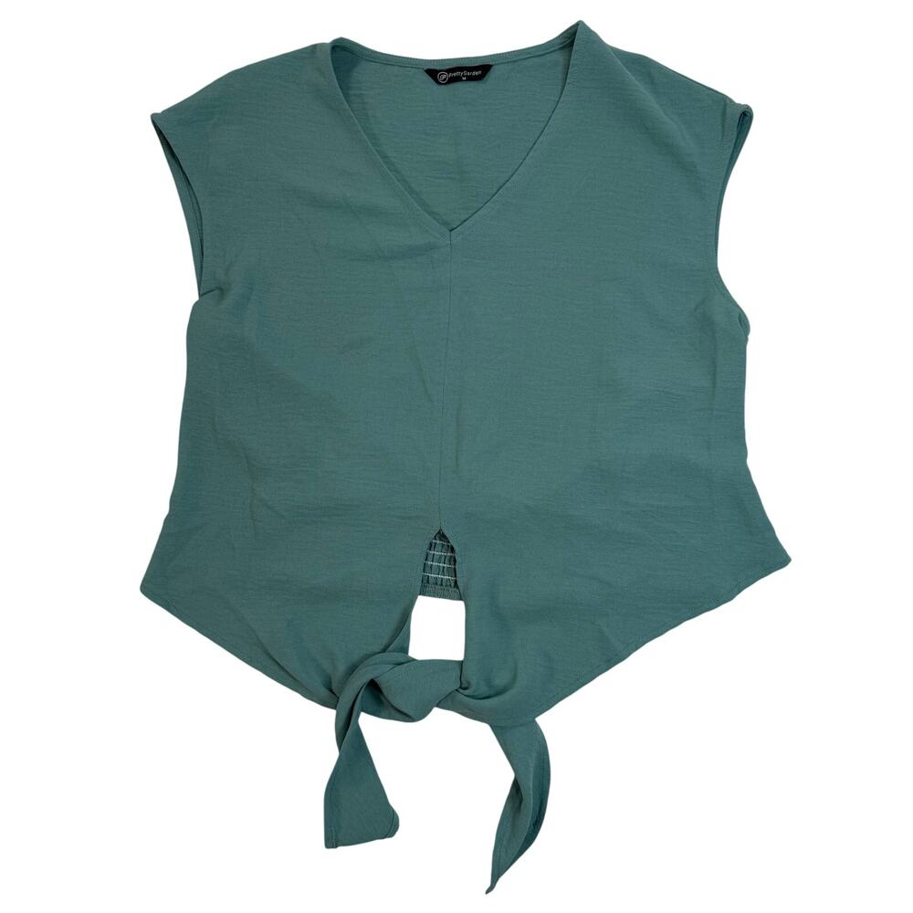 PrettyGarden Women’s Medium Sleeveless Blouse Tank Top Aqua Green Tie Front